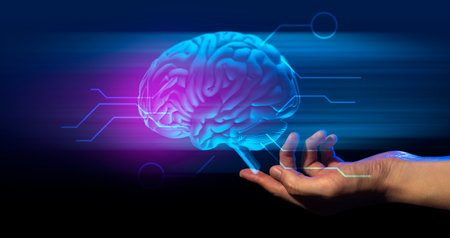 hand of businessman interactive touching a holographic artificial intelligence brain system network...