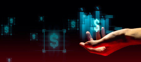 hand of businessman interactive touching a holographic financial growth graph chart system network...