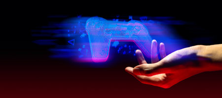 gamer hand touching and interactive to holographic of gaming joystick controller, game and esports...