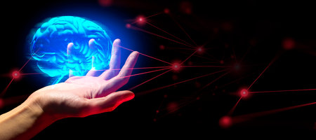 businessman use hologram of robot brain to control technology system artificial intelligenceの写真素材