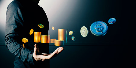 hand of businessman interactive touching a holographic financial money dollar system network and...