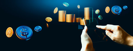 hand of businessman interactive touching a holographic financial money dollar system network and...