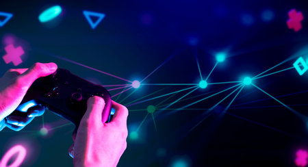 gamer hand touching and interactive to holographic of gaming joystick controller, game and esports...
