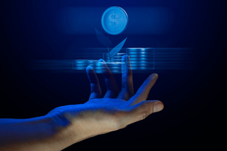 hand holding holographic of  metaverse network on black background, internet social online technologyの写真素材