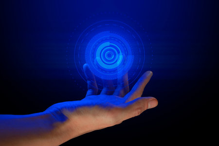 hand holding holographic of  metaverse network cyberpunk on black background, internet social online...