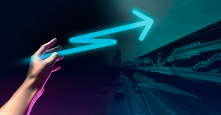 hand of businessman interactive touching a holographic financial growth arrow graph chart system network and technology, success of trading innovationの写真素材