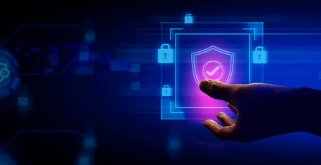 hand of businessman interactive touching a holographic anti-virus security shield system network and technology, success of innovationの写真素材