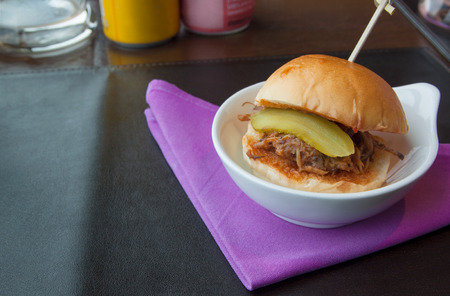 delicious tuna hamburgers on violet napkinの写真素材