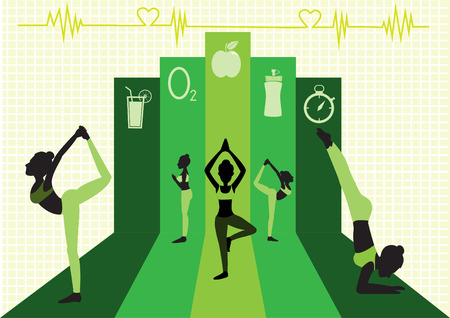 group of  yoga poses on green background design,vector illustrationのイラスト素材