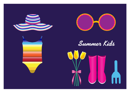 Kid's summer clothes on purple backgroundsのイラスト素材