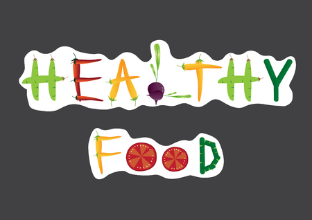 "Healthy food" text by vegetables on grey backgrounds,Vector illustrationsのイラスト素材