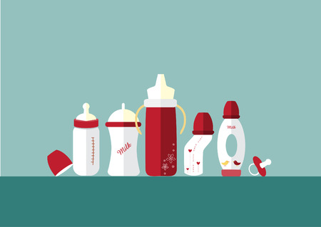 Set of baby milk bottles and pacifier,Vector illustrationsのイラスト素材