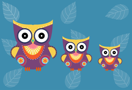 Set of cartoon owls on blue background ,Vector illustrationsのイラスト素材