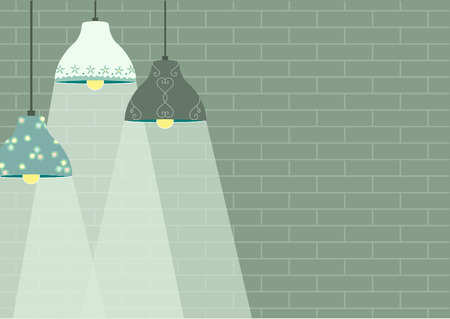 Group of ceiling lamp on green brick wall backgroundsのイラスト素材