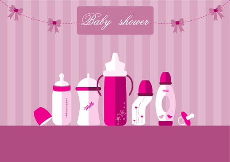 Set of baby milk bottles and pacifier,Design for baby shower cards,illustrationsのイラスト素材