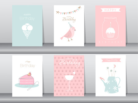 Set of birthday cards,poster,template,greeting cards,cake,bird,Vector illustrationsのイラスト素材