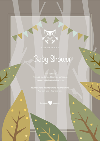Baby shower invitation cards,poster,template,greeting cards,animal,birds,forest,wood,nature,Vector illustrationsのイラスト素材