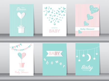 Set of baby shower invitations cards,poster,greeting,template,hearts,Vector illustrationsのイラスト素材