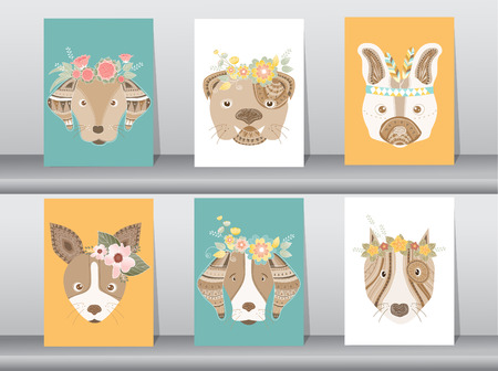 Collection of portrait dog with flower floral wreathのイラスト素材