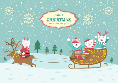 Cute Bear with Christmas Sleigh,Christmas Card,Vector illustrationsのイラスト素材