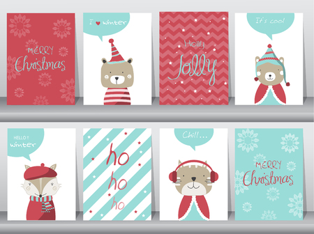 Set of cute Merry christmas  background with cute animal and winter clothes, Vector illustrationsのイラスト素材