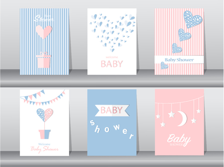 Set of baby shower invitations cards,poster,greeting,template,hearts,Vector illustrationsのイラスト素材