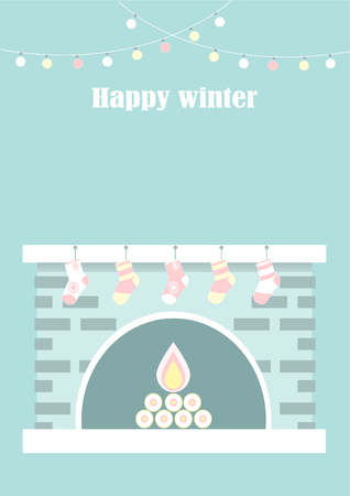 Christmas fireplace. Xmas and fire, home decoration, interior for celebration, flat vector illustrationのイラスト素材