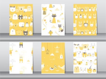 set of seamless patterns with funny cartoon animals,bear,cat,bird,Vector illustrationsのイラスト素材