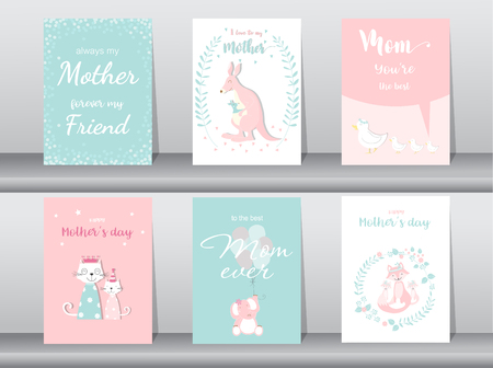 Set of Happy Mother's Day card,poster,template,greeting cards,cute,kangaroo,cats,elephant,fox,animal,Vector illustrationsのイラスト素材
