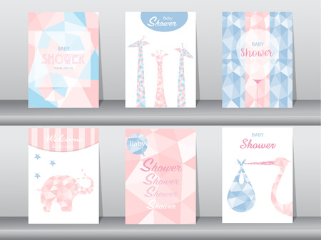 Set of animal polygon low poly on baby shower card, pattern design,animal,poster,template,greeting,Vector illustrationsのイラスト素材