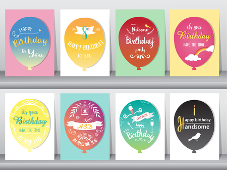 Set of birthday cards,vintage color,poster,template,greeting cards,balloons,animals,dogs,Vector illustrationsのイラスト素材