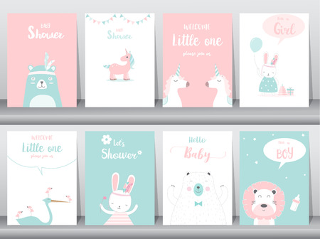 Set of baby shower invitations cards, poster, greeting, template, animals, Vector illustrationsのイラスト素材
