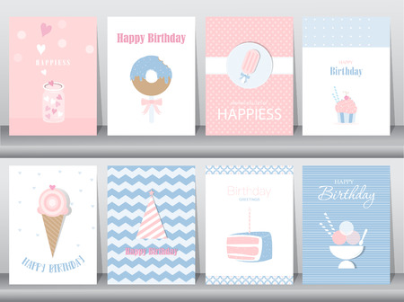 Set of birthday cards,poster,template,greeting cards,cake,ice cream,Vector illustrationsのイラスト素材