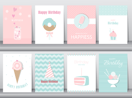 Set of birthday cards,poster,template,greeting cards,cake,ice cream,Vector illustrationsのイラスト素材