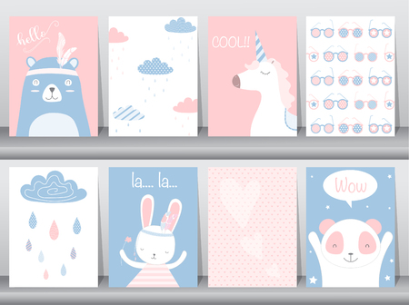 Set of cute animals poster,template,cards,bear,rabbit,Vector illustrationsのイラスト素材