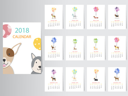 Collection of portrait dog calendar 2018 design,The year of the dog monthly cards templates,Set of 12 month,Vector illustrations.のイラスト素材