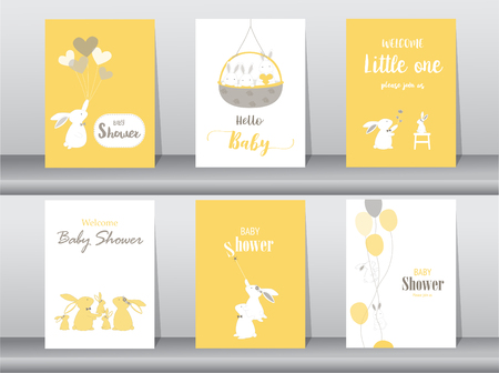 Set of baby shower invitations cards, poster, greeting, template, animals, rabbit,cute vector,Vector illustrationsのイラスト素材