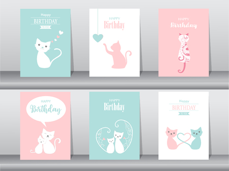 Set of birthday cards, poster, invitation cards, template, greeting cards with cat cute animal Vector illustrationsのイラスト素材