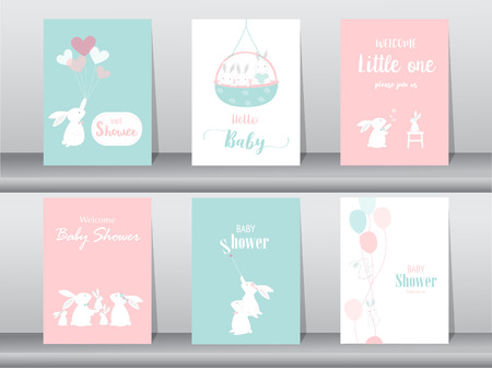 Set of baby shower invitations cards, poster, greeting, template, animals, rabbit,cute vector,Vector illustrationsのイラスト素材