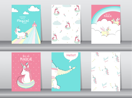 Set of cute fantasy poster,template,cards,unicorn,animals,Vector illustrationsのイラスト素材
