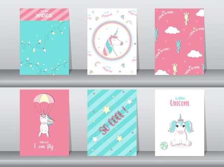 Set of cute fantasy poster,template,cards,unicorn,animals,Vector illustrationsのイラスト素材
