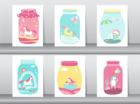 Set of cute funny cartoon unicorn in a glass jarのイラスト素材