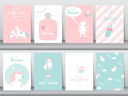 Set of baby shower invitation with different unicorn designのイラスト素材