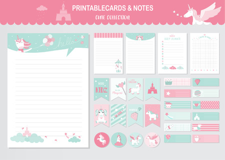 Set of birthday cards,poster,invitations, cards,template,greeting cards,animals,unicorn,fantasy,cloud,magic,Vector illustrationsのイラスト素材