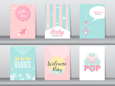 Set of baby shower invitations cards, poster, greeting, template, birthday, Vector illustrationsのイラスト素材