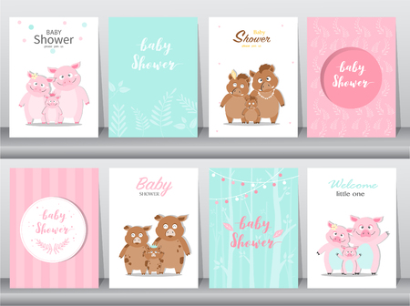 Set of baby shower invitations cards, poster, greeting, template, animals,wild boars,pig,hogs,Vector illustrationsのイラスト素材