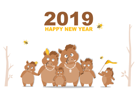 Portrait wild boar family calendar 2019 design,The year of the wild boar cards templates,Vector illustrations.のイラスト素材