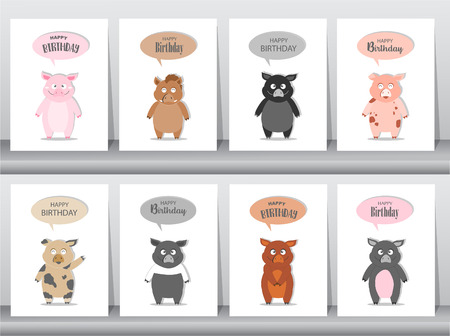 Set of birthday invitations cards, poster, greeting, template, animals,wild boar,pig,hogs,Vector illustrationsのイラスト素材