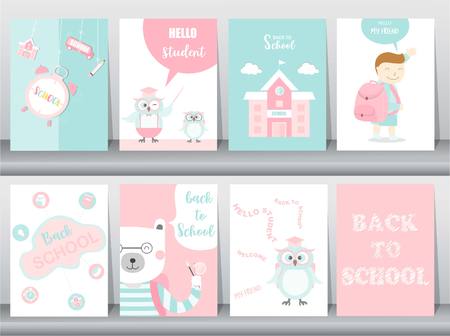 Set of Back to School card set, school kids, chalkboards, learning,animal,cool, Vector illustration.のイラスト素材