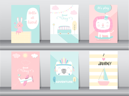 Set of cute animals poster,template,cards,rabbit,bear,zoo,kawaii,Vector illustrationsのイラスト素材